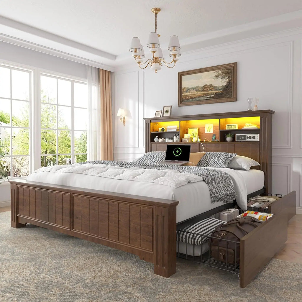White Queen Bed Frame with Headboard and Storage, LED