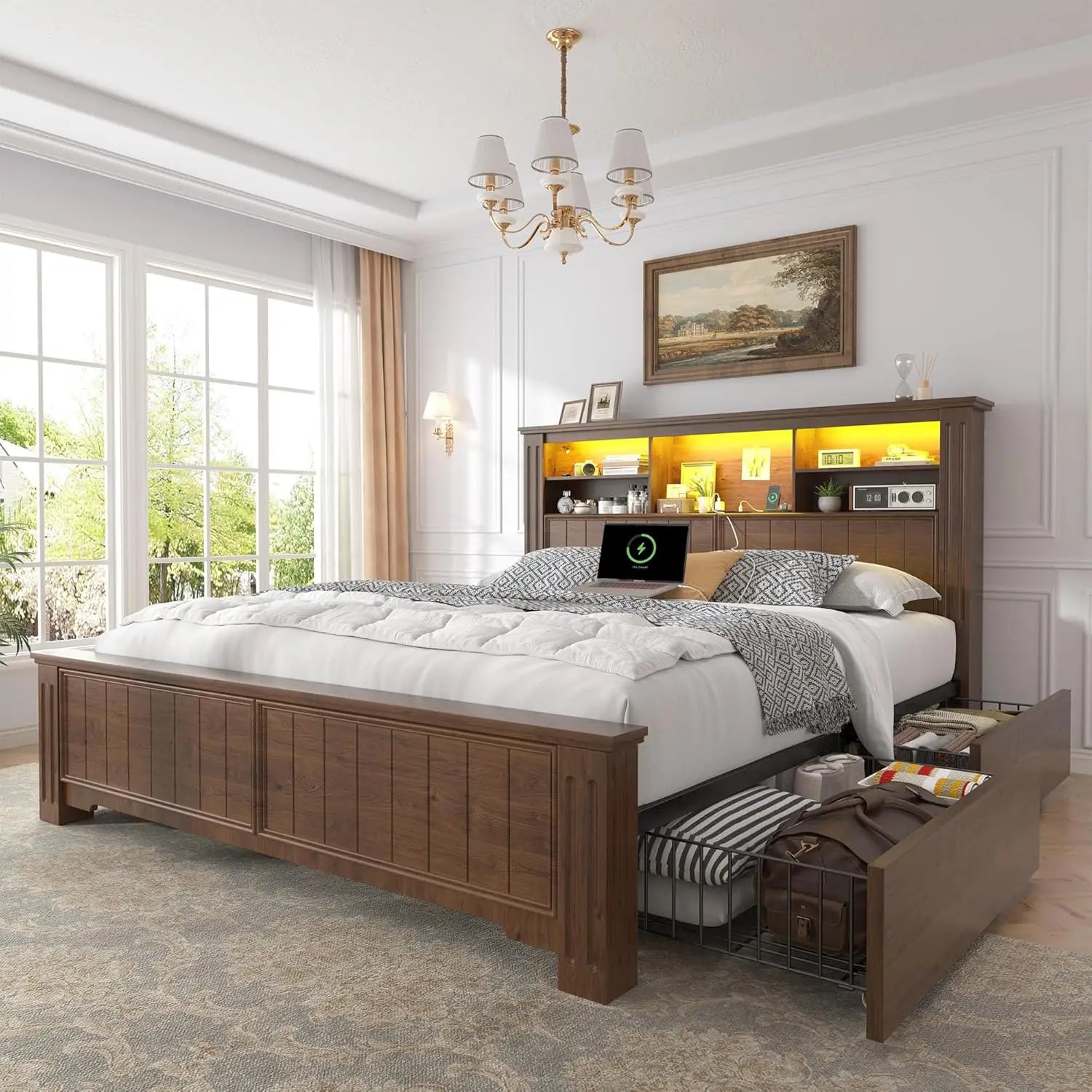 White Queen Bed Frame with Headboard and Storage, LED