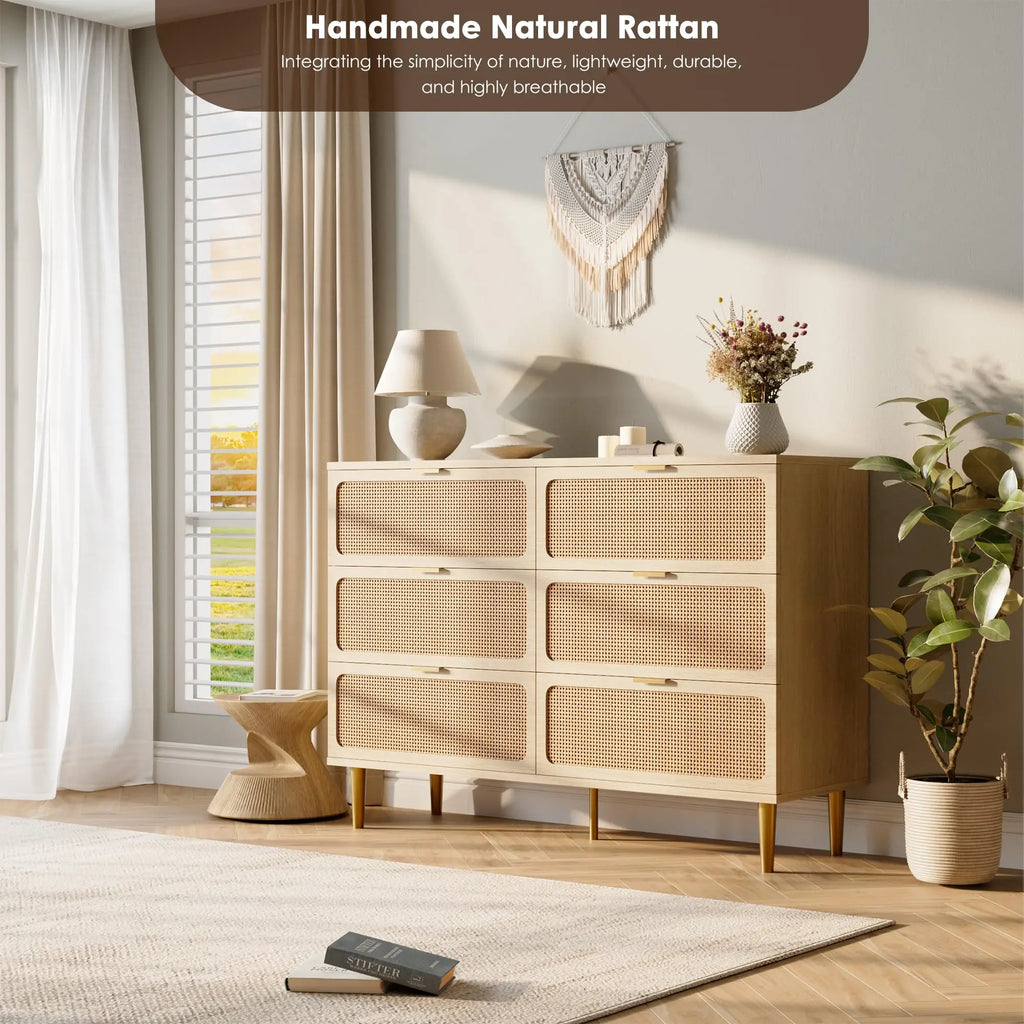 6-Drawer Rattan Dresser, Natural Hand-Woven Rattan & Wood Large Storage Dresser