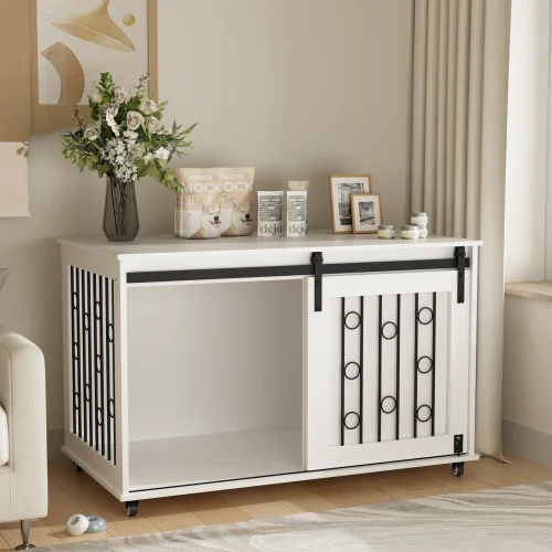 39.37'' White Indoor Dog Crate End Table - Wooden Kennel with Sliding Barn Door, Side Door & Lockable Wheels for Small/Medium Do