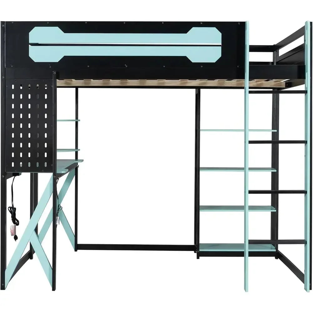 Full Size Gaming Loft Bed with Desk, USB Ports, LED Lights,