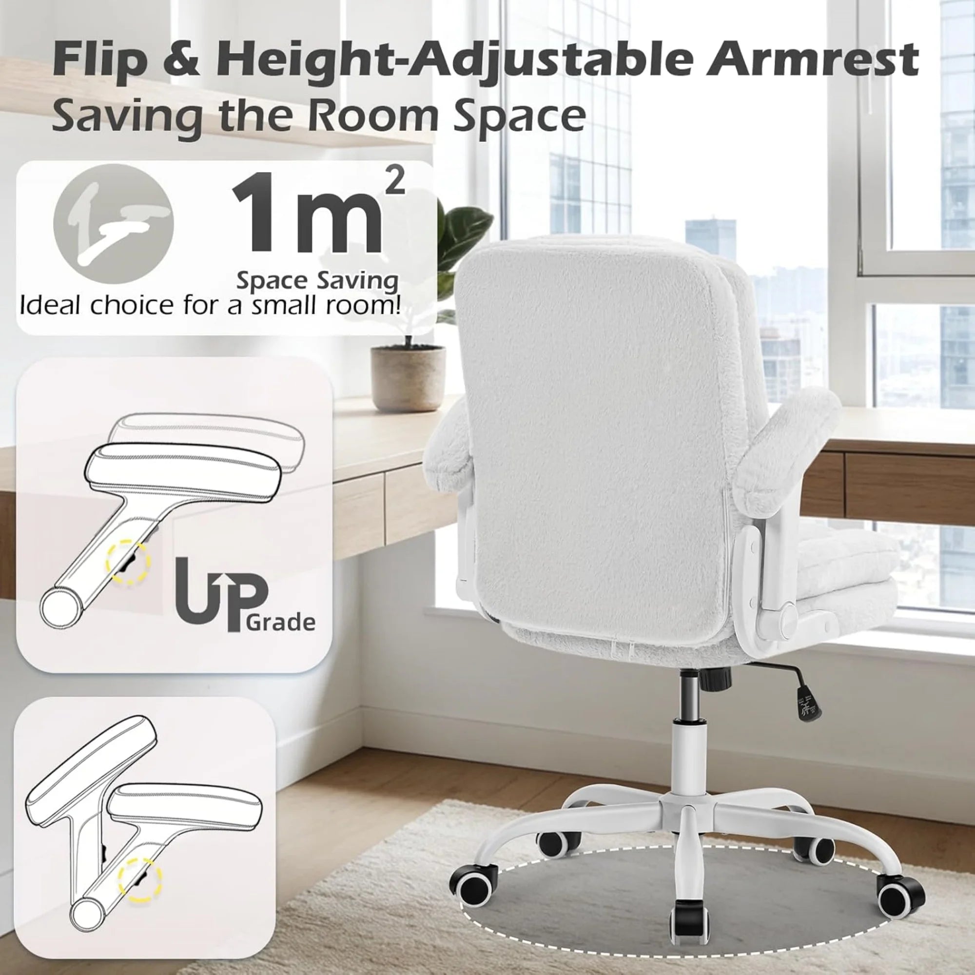 White Plush Office Chair Ergonomic Desk Chair with Lumbar Support, Flip-Up Arms, Adjustable Swivel Computer Chair with Wheels, Soft Fleece Cute Office Chair for Home Bedroom Vanity