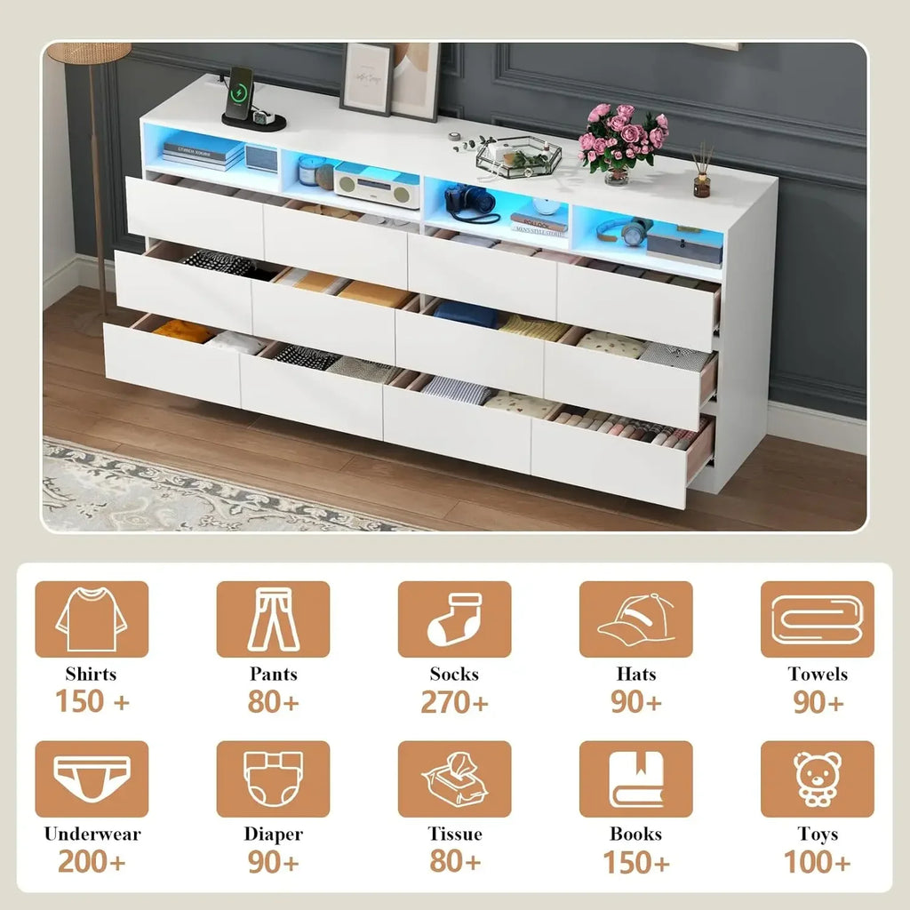 High Quality Postmodern Luxury 12 Drawer White Dresser With Led Lights & Charging Station
