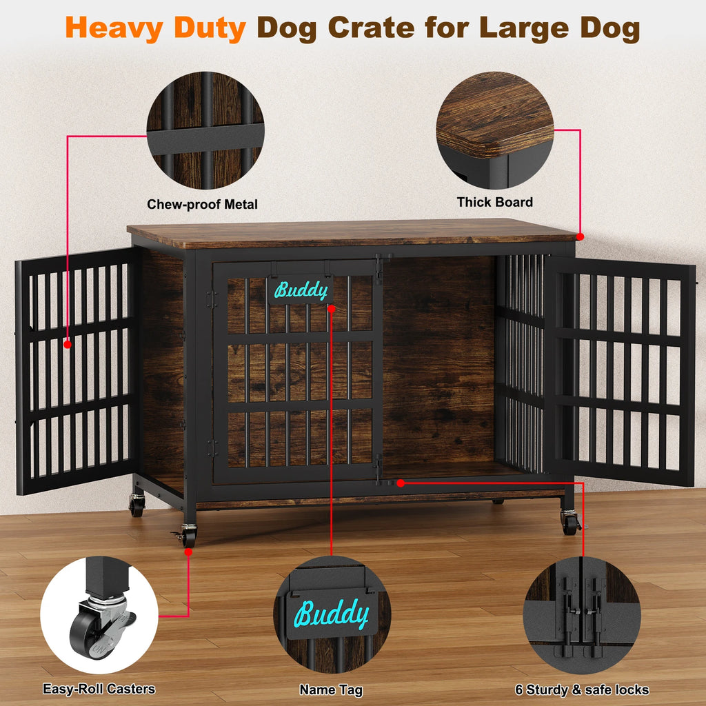 Dog Crate Furniture with Casters, Heavy Duty Dog Kennel