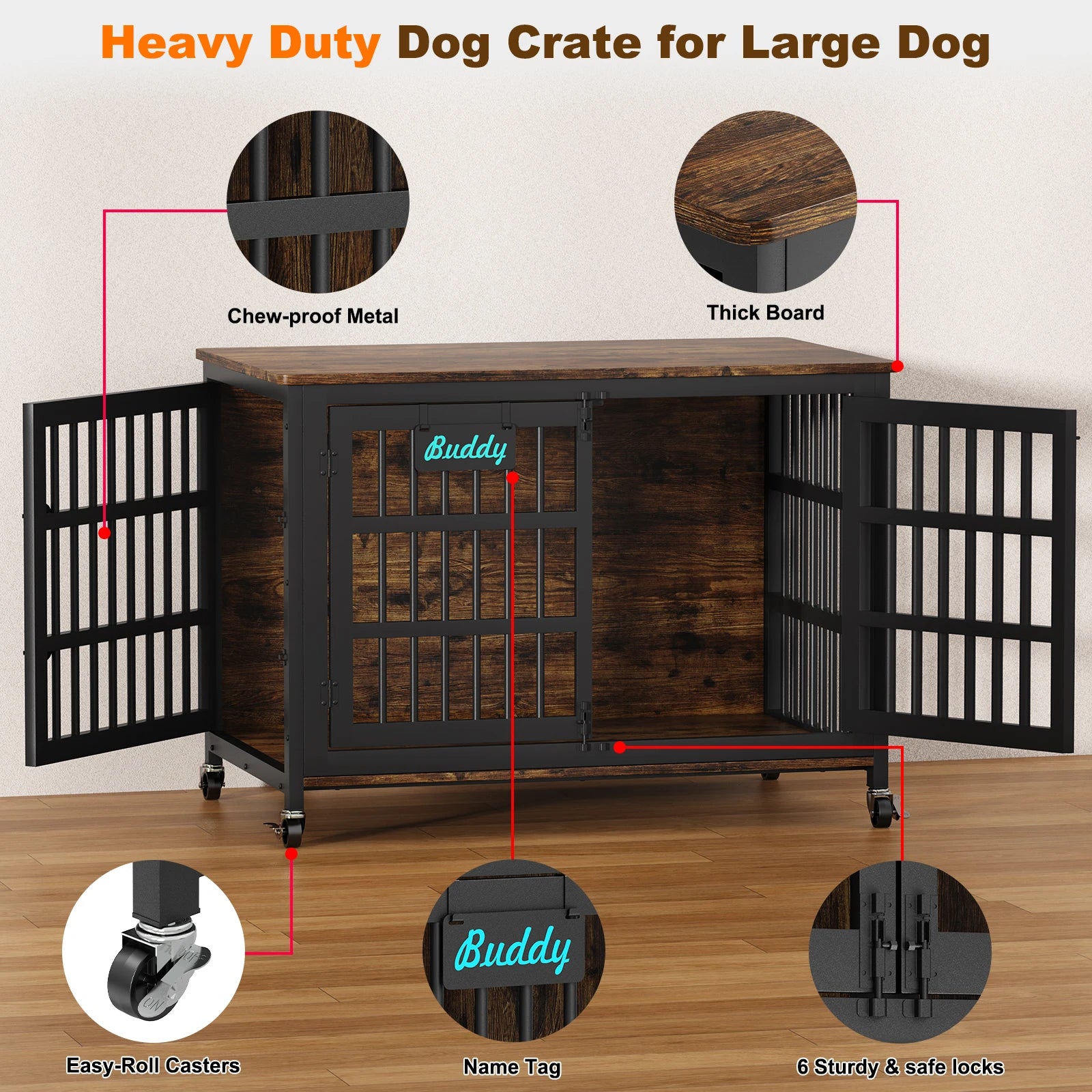 Dog Crate Furniture with Casters, Heavy Duty Dog Kennel