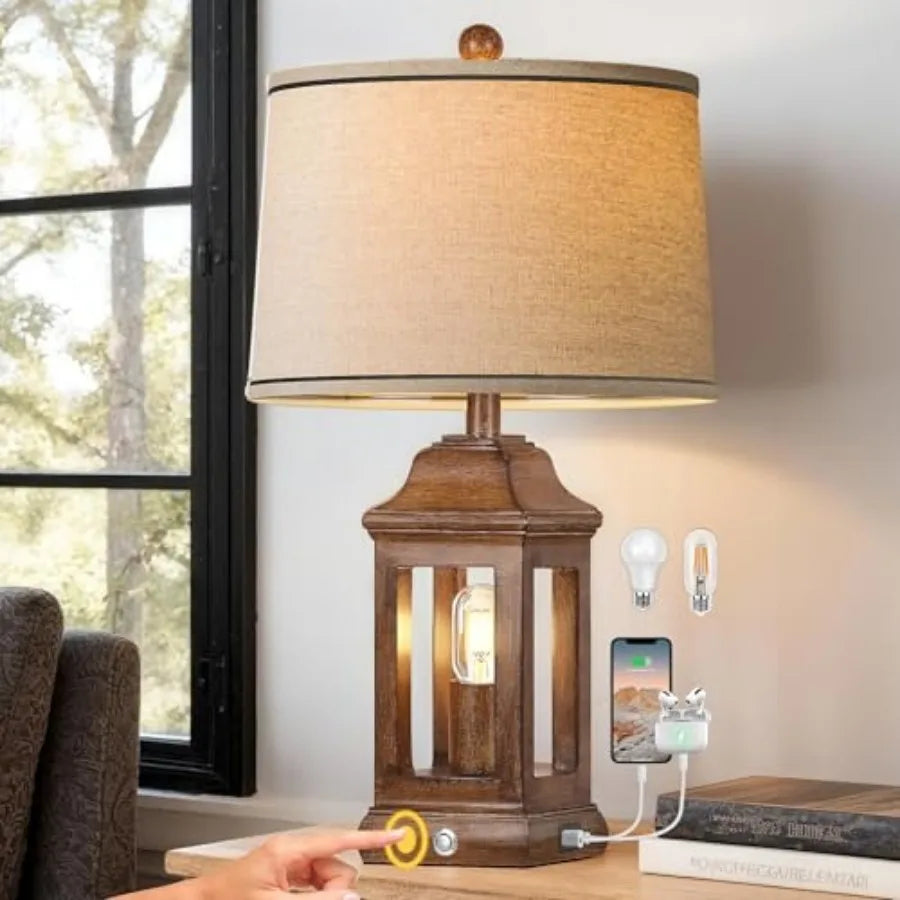 24" Rustic Farmhouse Table Lamps for Living Room, Single Pack Touch Dimmable Nightlight Vintage Bedside Lamps with USB A+C Port