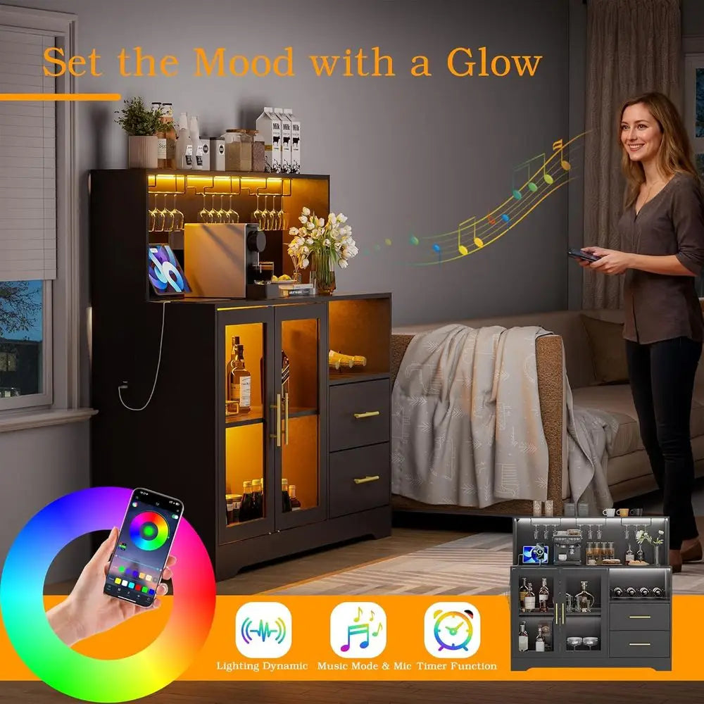 Home Bar Cabinet with RGB LED Lighting