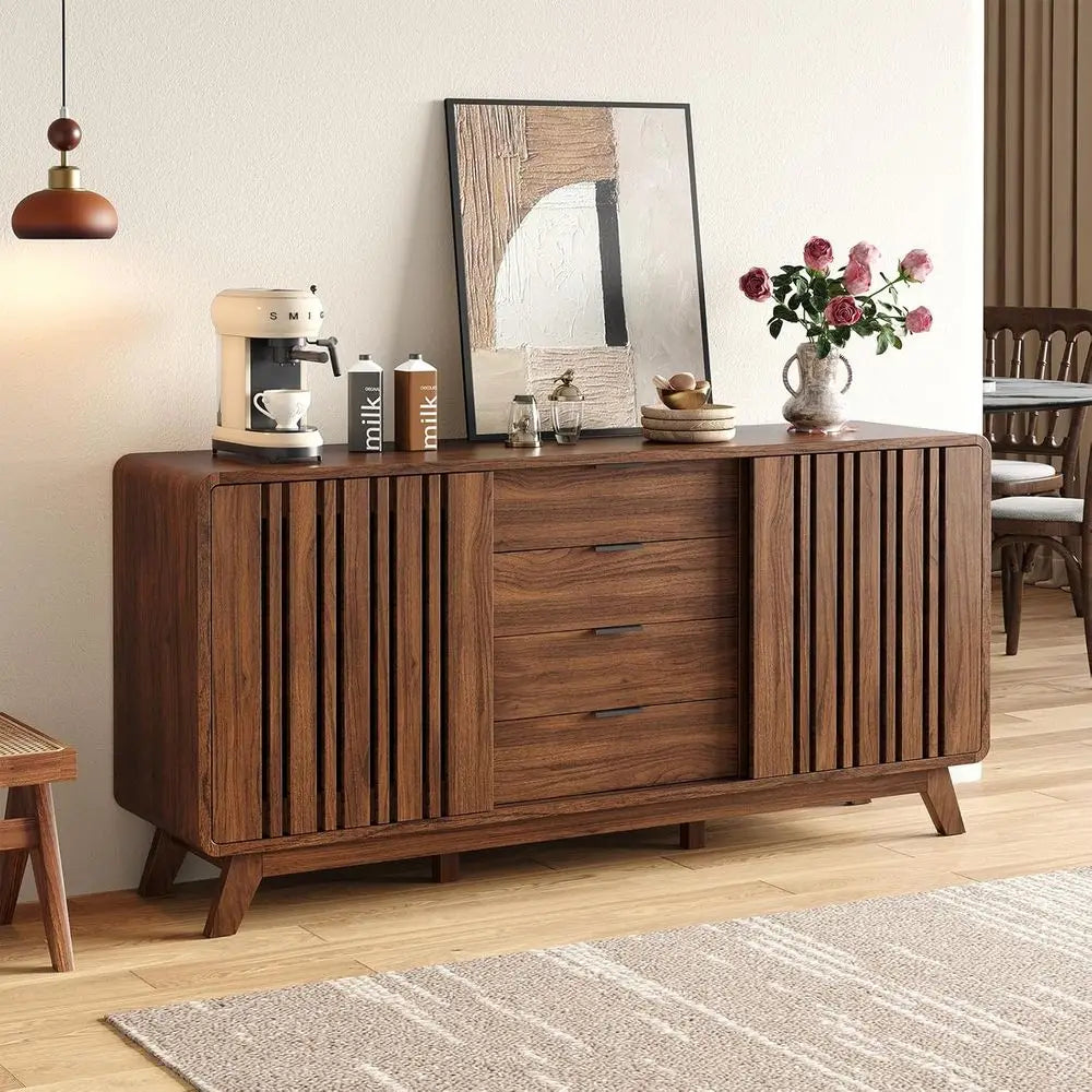 Walnut Sideboard Buffet Cabinet with Sliding Doors and Storage for Living Room or Kitchen