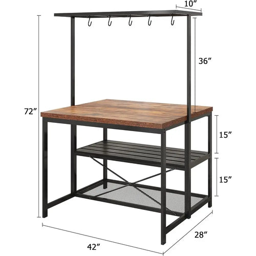 42 Kitchen Island with Storage, Seating, and 3-Tier Baker's Rack for Dining and Living Spaces