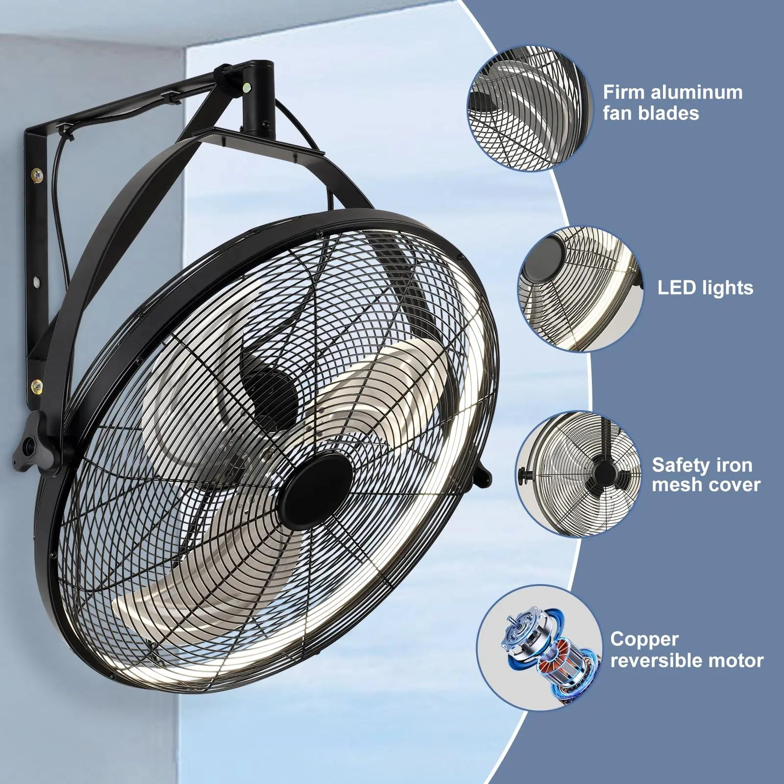 Large Fan 20-Inch Ceiling Lamp Fan Industrial Commercial Use Electric Fan Black Wall Fan Strong Wind House Metal Mounted Fan