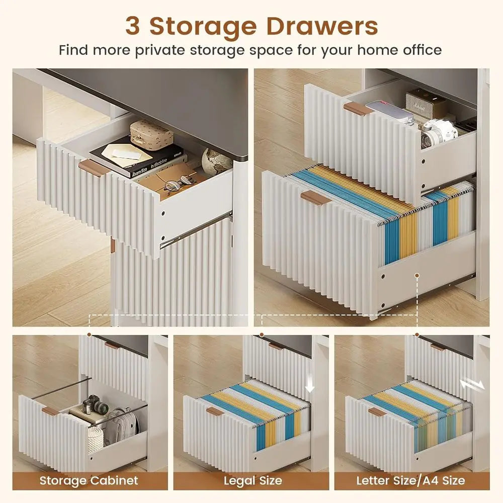 L-Shaped Desk with Drawers, Hutch, File Cabinet, Printer Shelf, LED Lights, Power Out