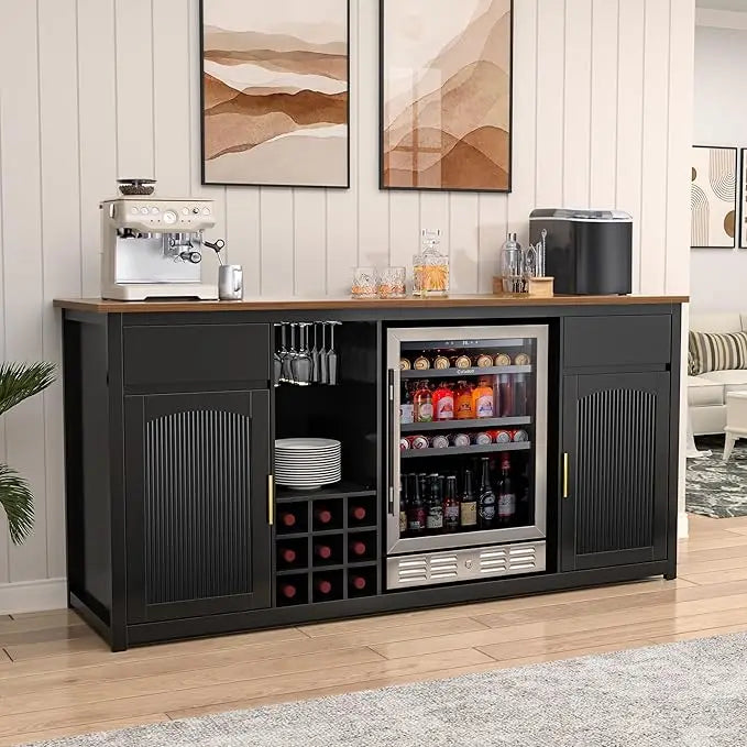 Extra Long Bar Cabinet with Fridge Space Wine Liquor Storage