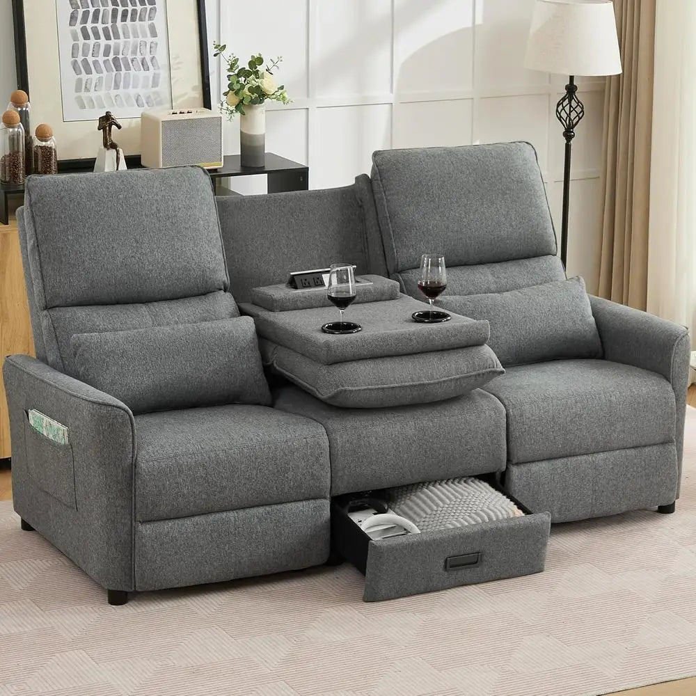 74'' RV 3 Seater Recliner Soa, Linen abric Three Camper Couch 3 Seater Recliner, Home Movie Theater Seating Chair, 3 Person Push