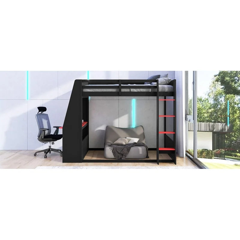 Wooden Gaming Bunk Bed with Desk, Storage Shelves, USB and LED Lighting