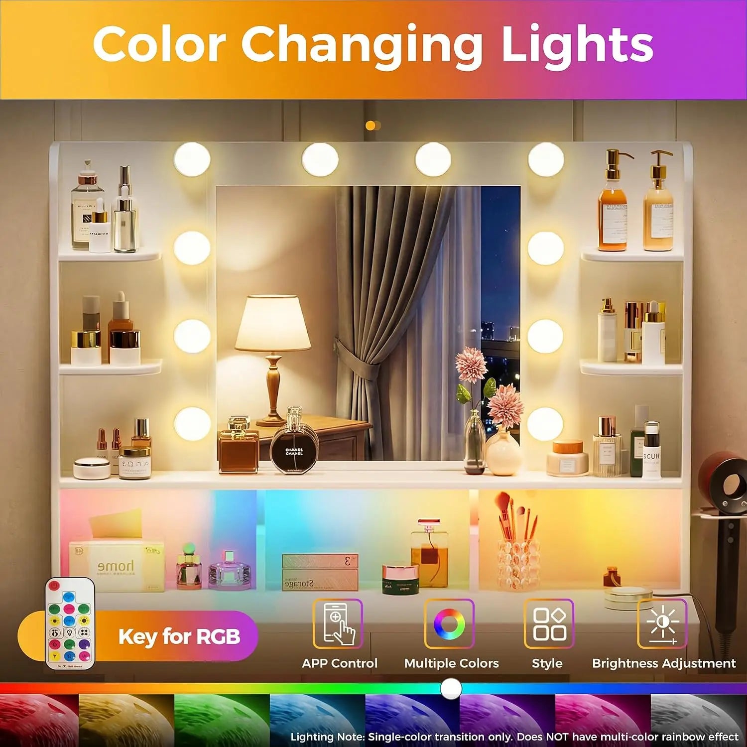 Vanity Desk with Lighted Mirror and Power Outlet, RGB LED Lights