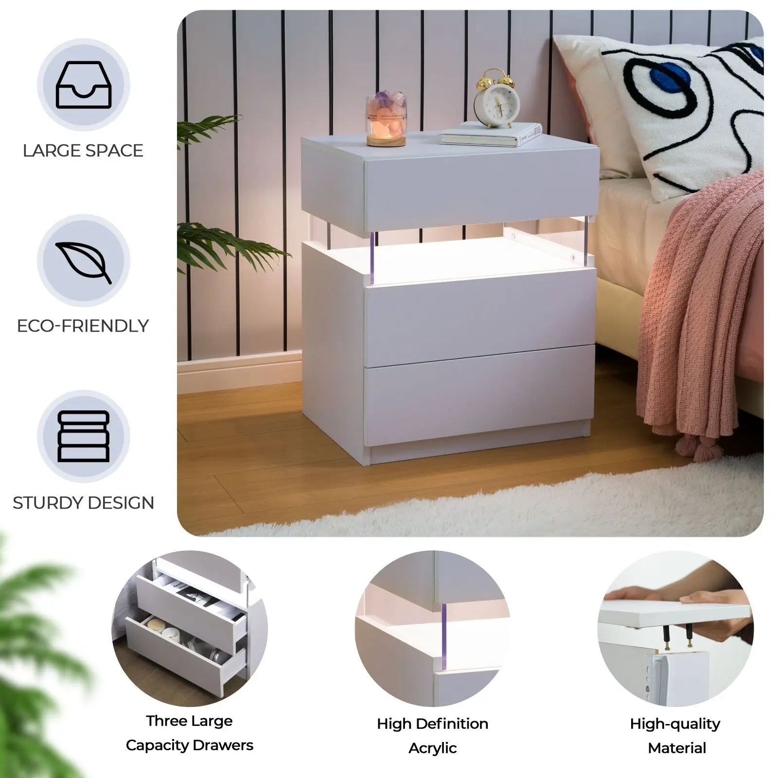 Bedside Tables with LED Lighting 3 Drawers