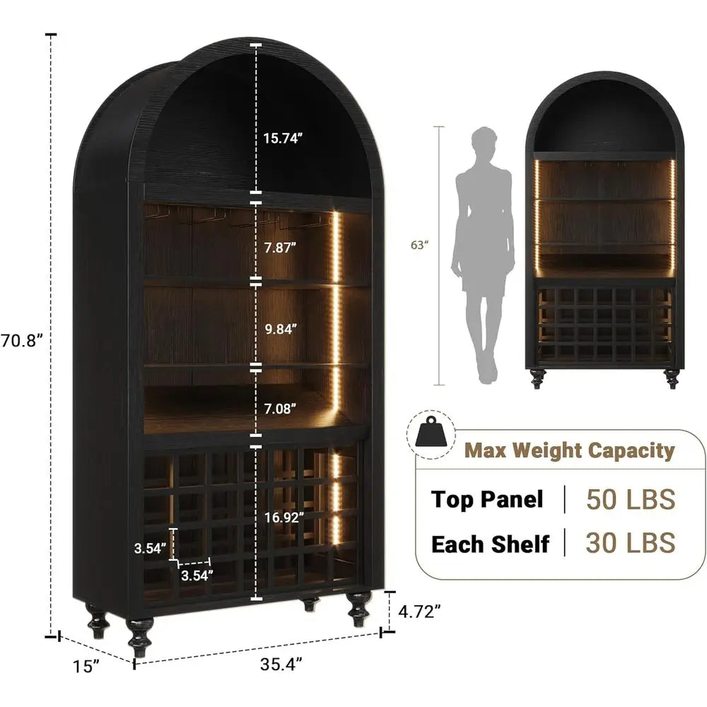 Arched Wine Bar Cabinet with Racks, Glass Holder, LED Lights, Charging Ports for Kitchen