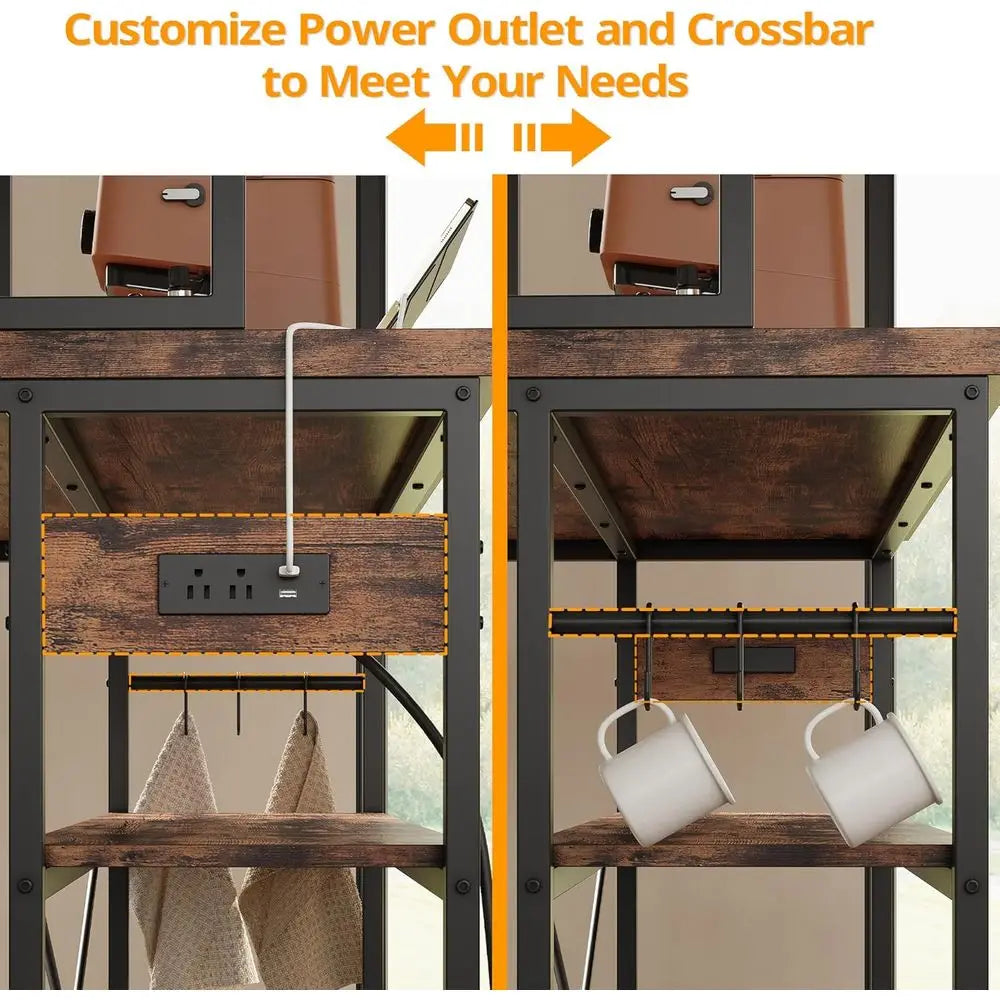Kitchen Island with Stools, Storage Bakers Rack, Power Outlet, Industrial Coffee Bar Table, Dining Room Furniture, 10 Vintage Br