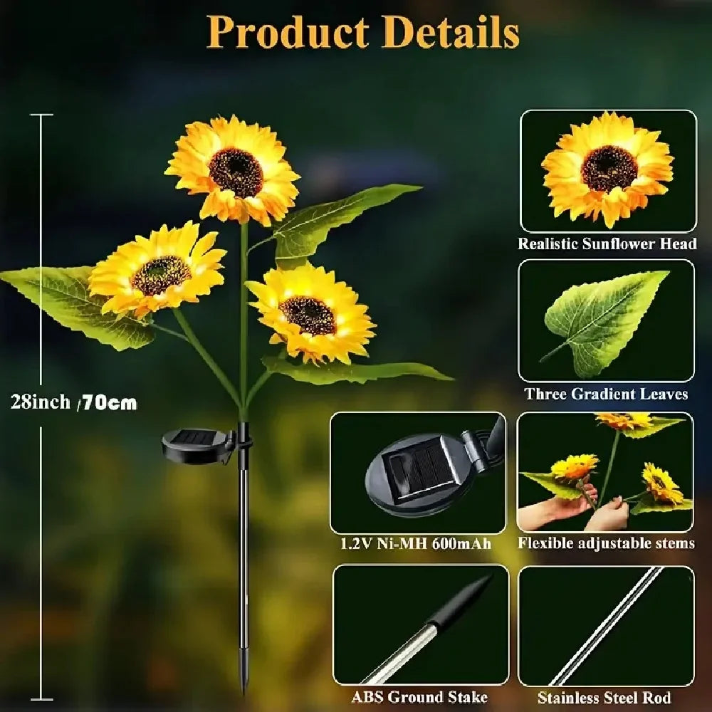 1PC 1/3 Heads Sunflower Solar LED Lights,Warm White Atmosphere Outdoor Decoration
