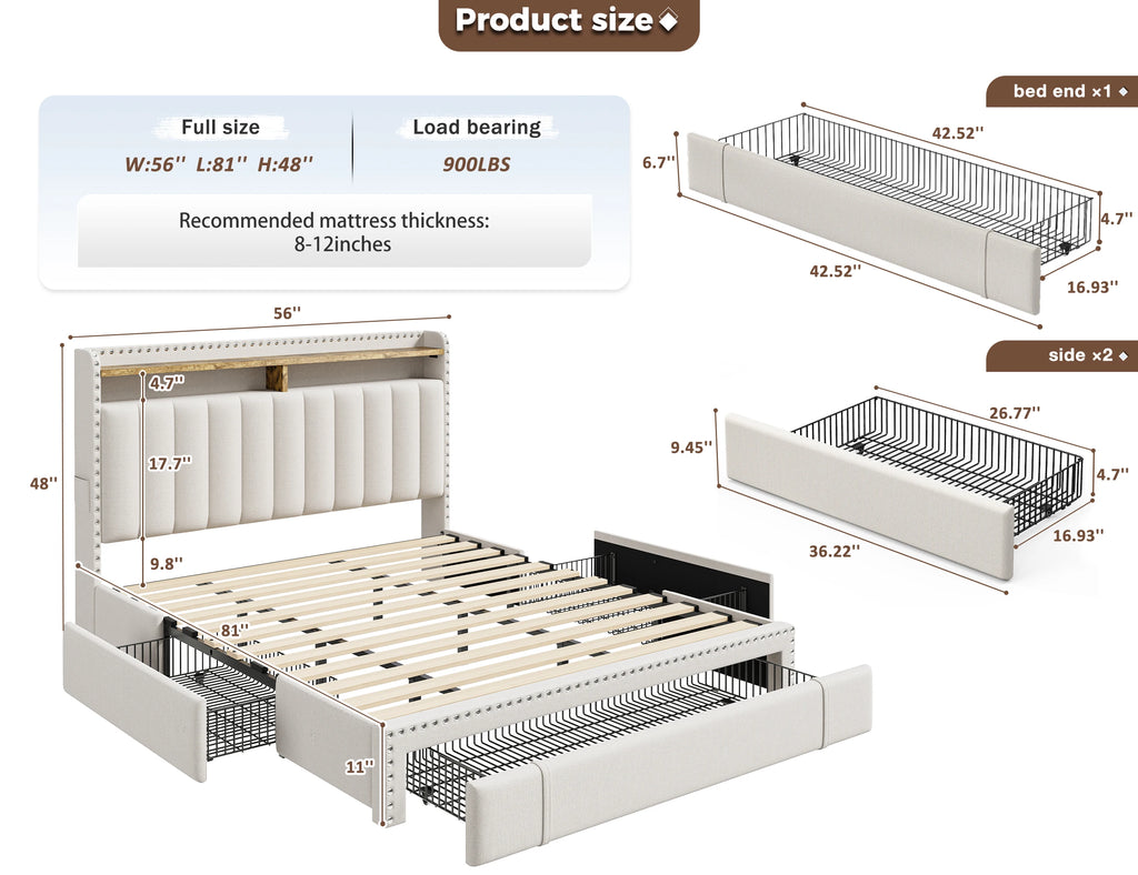 Full/Queen/King Bed Frame with 3 Drawers & 2-Tier Storage