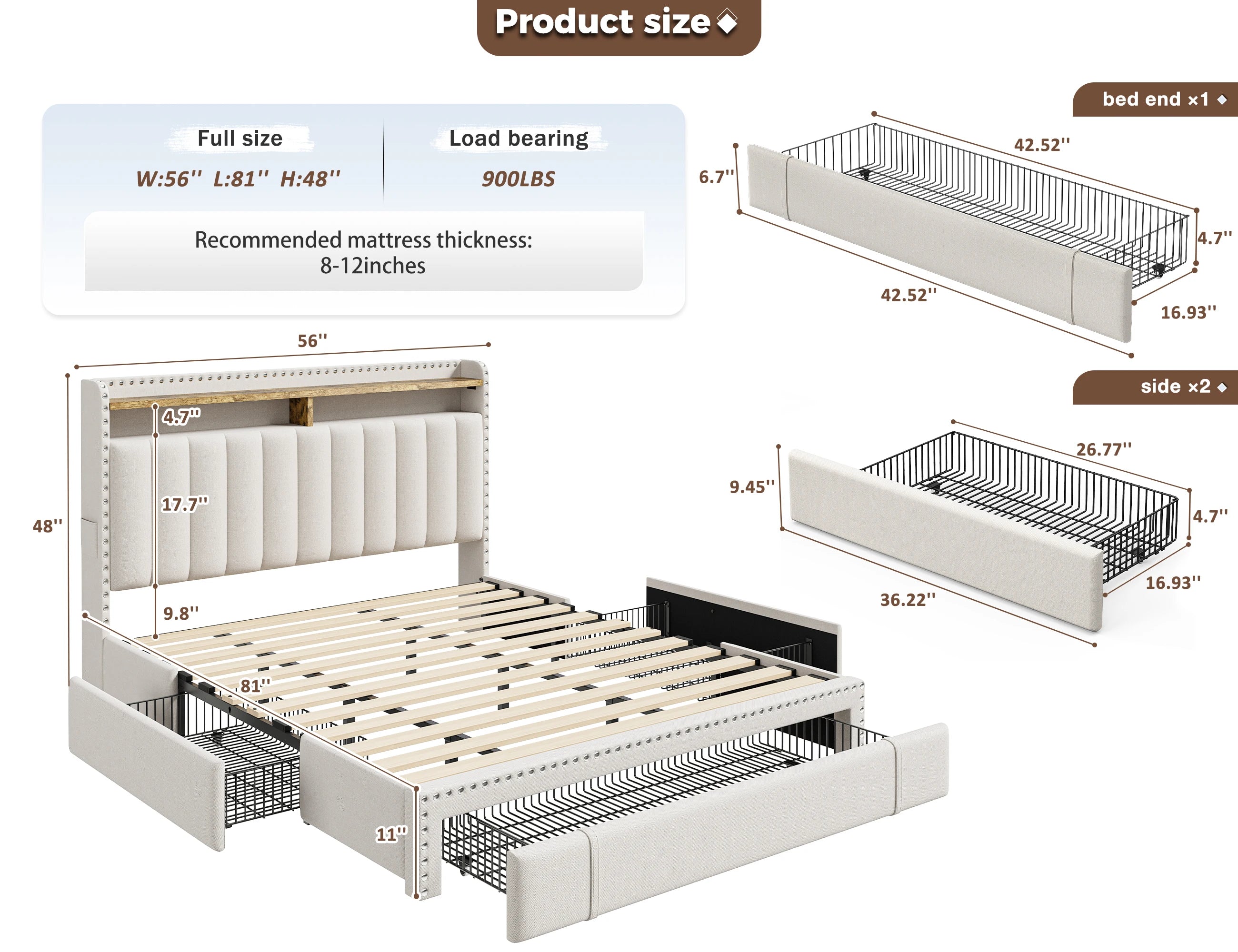 Full/Queen/King Bed Frame with 3 Drawers & 2-Tier Storage
