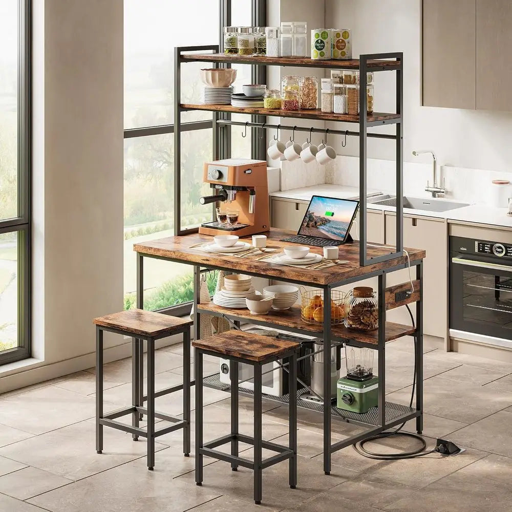 Kitchen Island with Stools, Storage Bakers Rack, Power Outlet, Industrial Coffee Bar Table, Dining Room Furniture, 10 Vintage Br