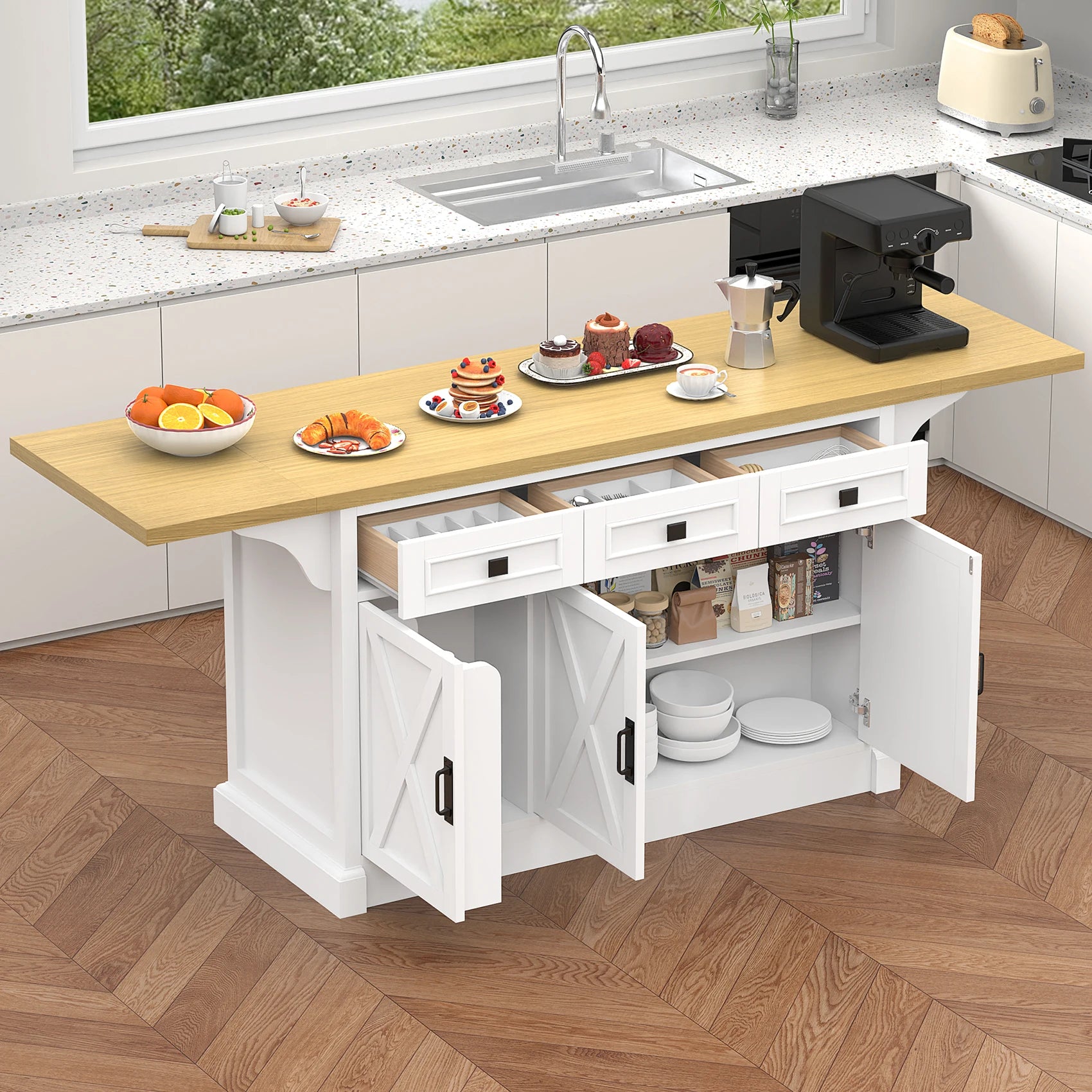 73" Large Kitchen Island Cart with Trash Storage Cabinet, Power Outlet, Drop Leaf, Island Table for Kitchen