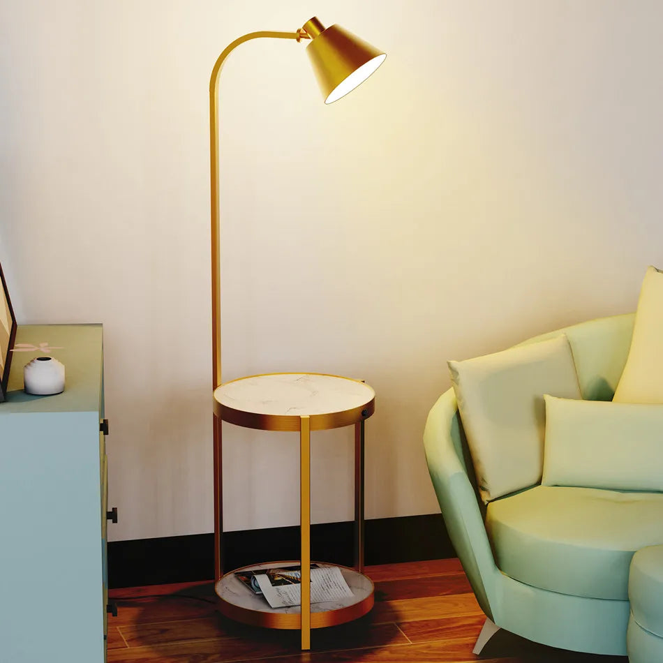 Modern Gold 2-Tier Tall Standing Floor Lamp with Storage Table