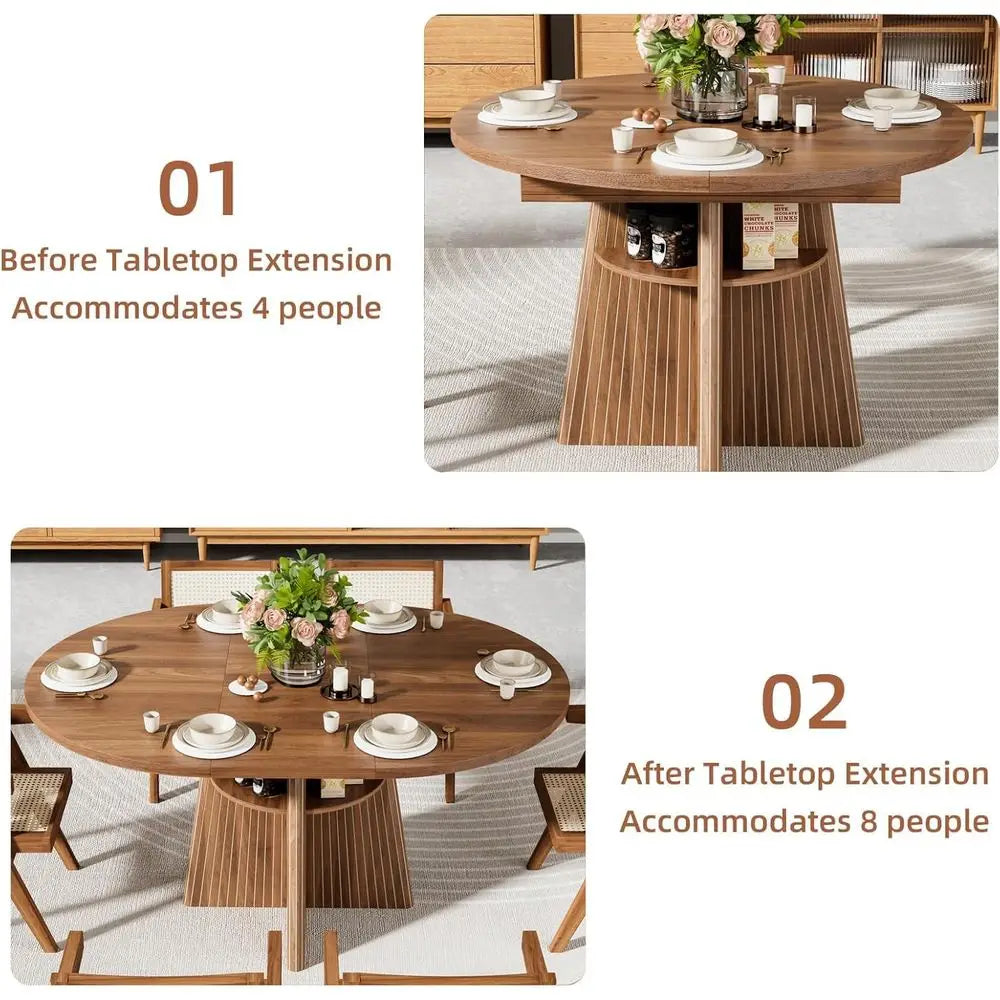 Expandable Round Dining Table 4-8 Seats with Luted Base