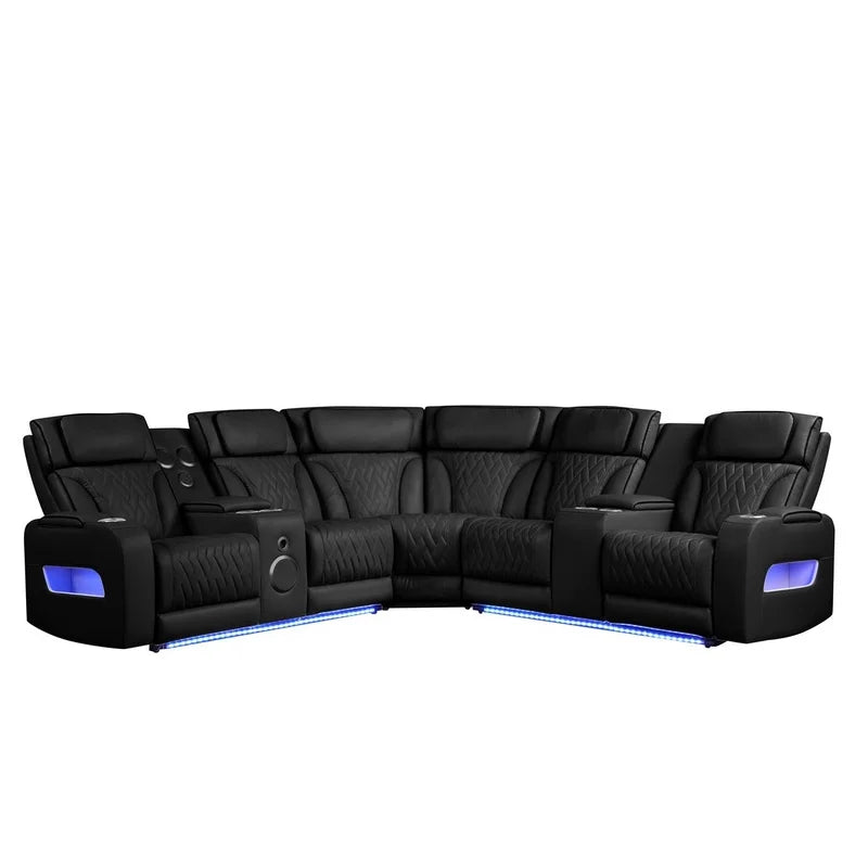 117" Black Leather Reclining Sectional Sofa with Power Headrest