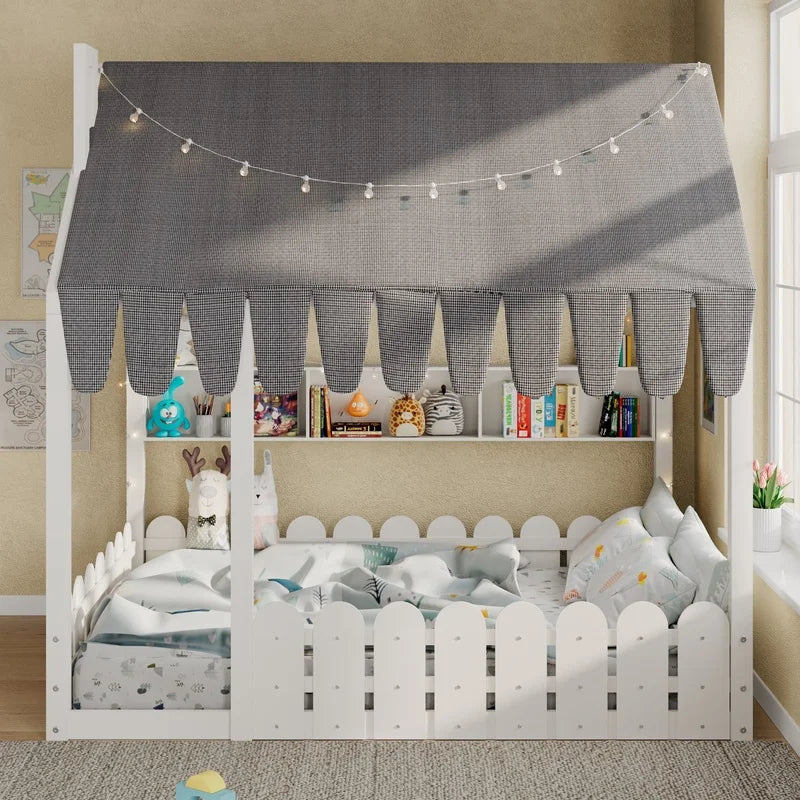 White Full Size Montessori Floor Bed with Fence