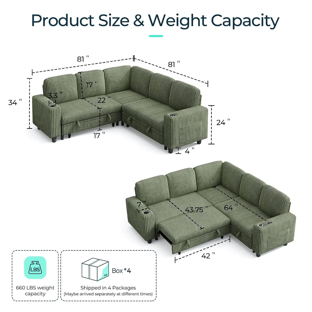Sectional Couches, 81" L Shape 5 Seats, Green Sleeper Sofa