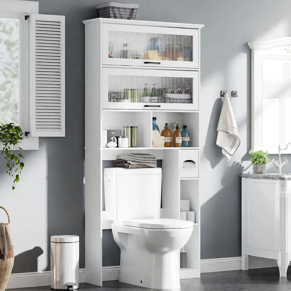 White Transparent Door Over-the-Toilet Storage Cabinet