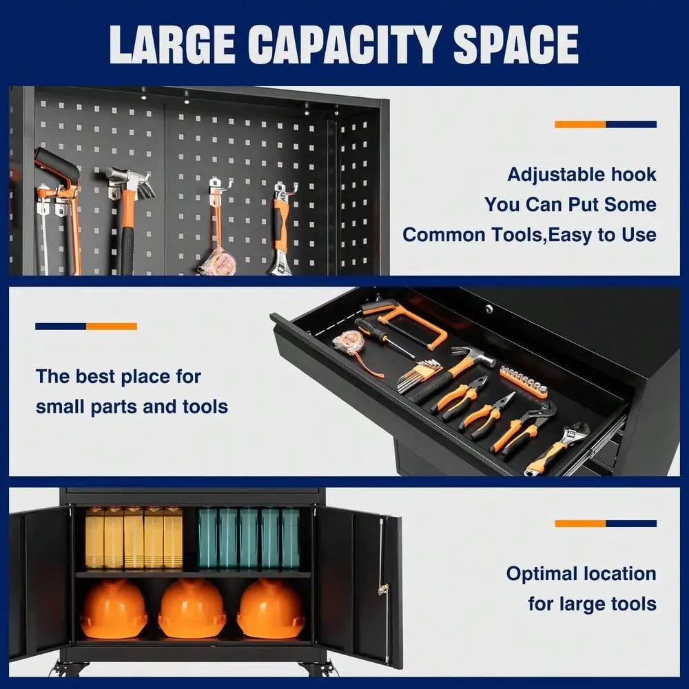 Metal Garage Storage Cabinet With Wheels,3Drawer Rolling Tool Cabinet With 2 Door And Adjustable Shelves, 71 Steel Tool Cabinet