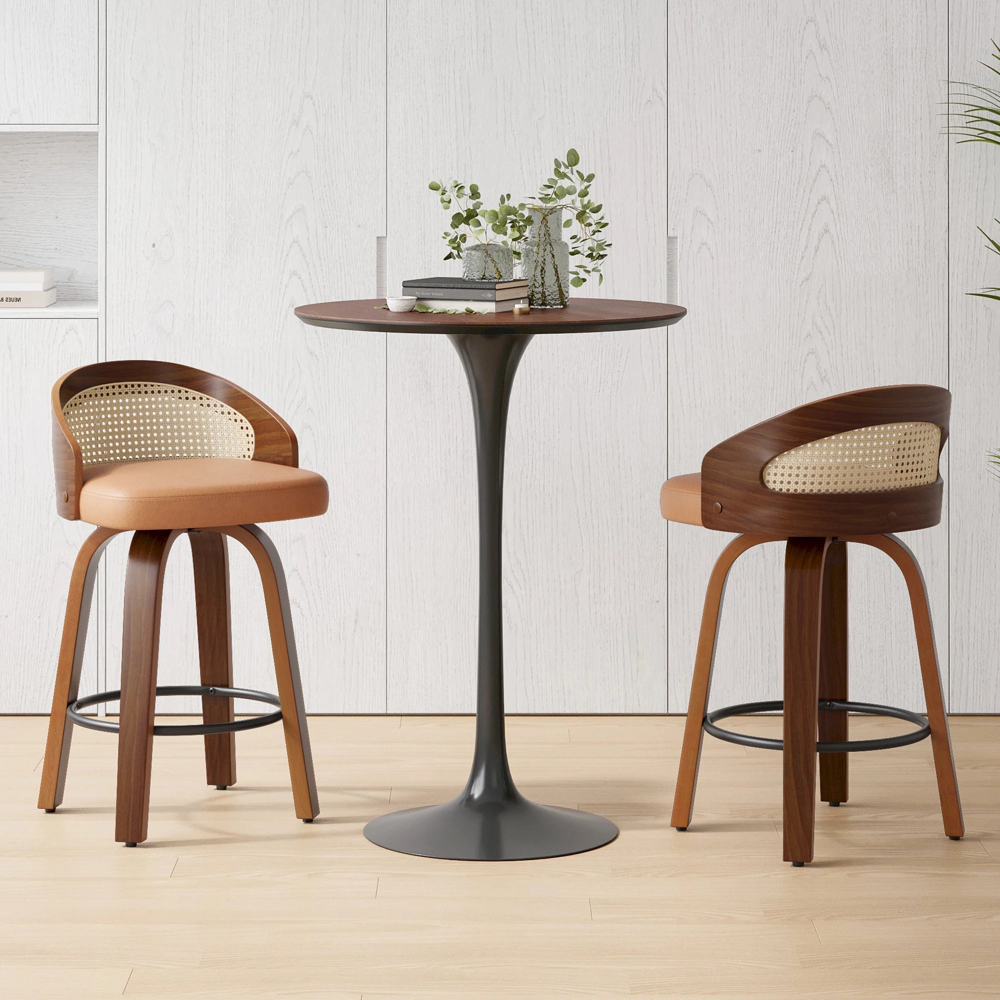 Set of 2 Swivel Bar Kitchen Stools, Modern Wood Frame with Rattan Back,