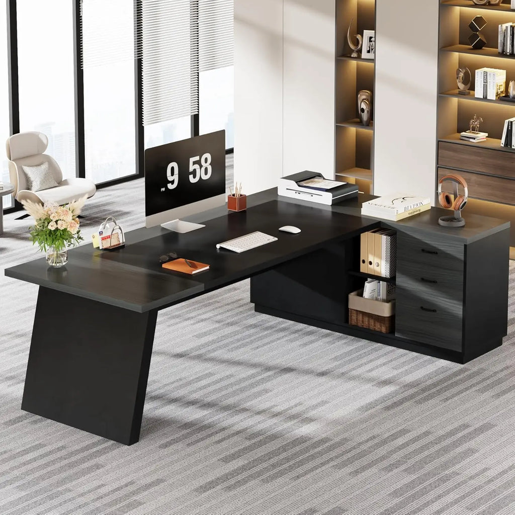 L-Shaped Executive Desk with Drawers & File Cabinet