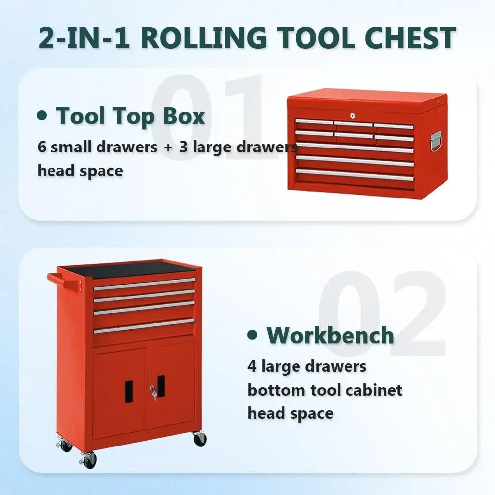 Rolling Tool Chest with Double Doors, 2 in 1 Detachable Rolling Tool Chests, Metal Standing Tool Cabinet with Lock, Large Toolb