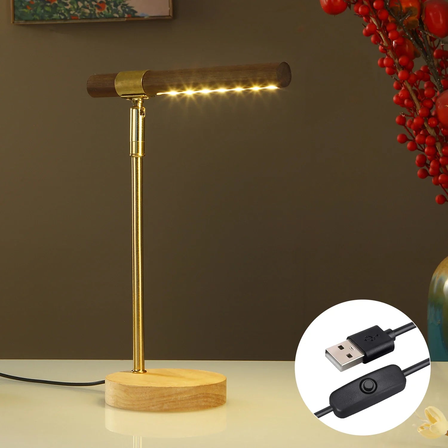 Wooden LED Table Lamp USB Powered Desk Lamp with 180° Adjustable Angle Night Light Minimalist Bedside Lamp for Bedroom Home