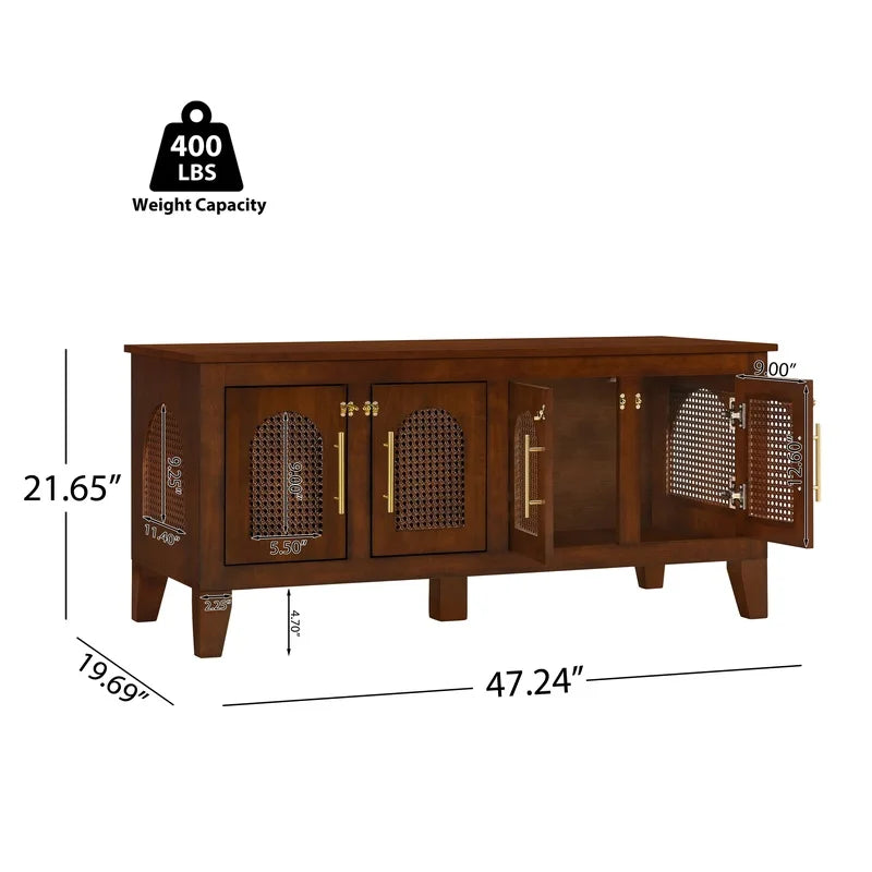 Large Indoor Rattan-Style Rubber Wood Dog Crate Cabinet with 4 Doors