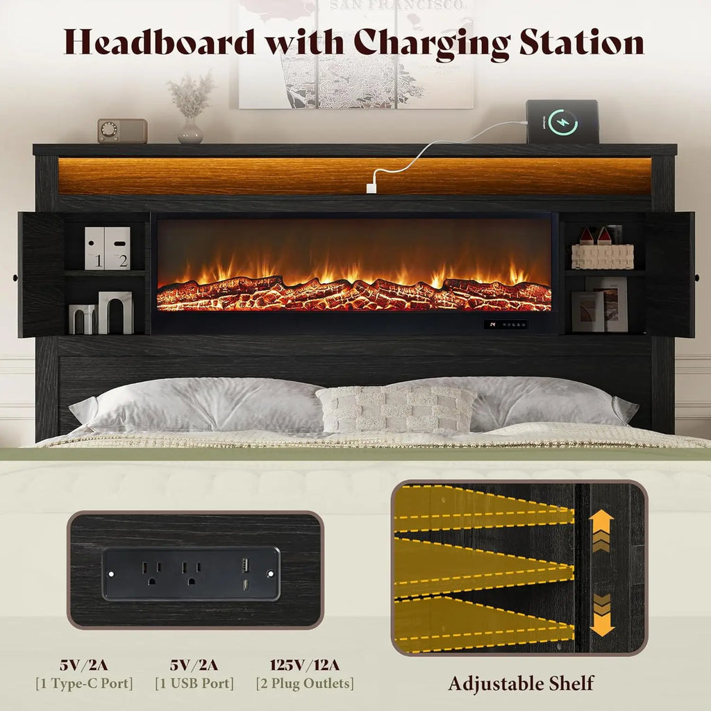 Queen Fireplace Platform Bed with Headboard 4 Drawers RGB LED Charging