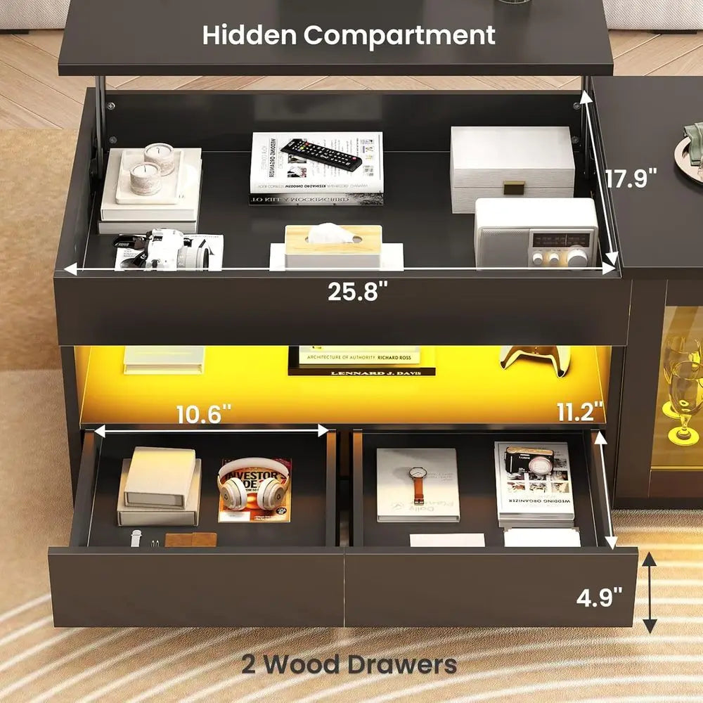 39.4 Large Tempered Glass Top Coffee Table with 2 Drawers, LED-Illuminated, Black