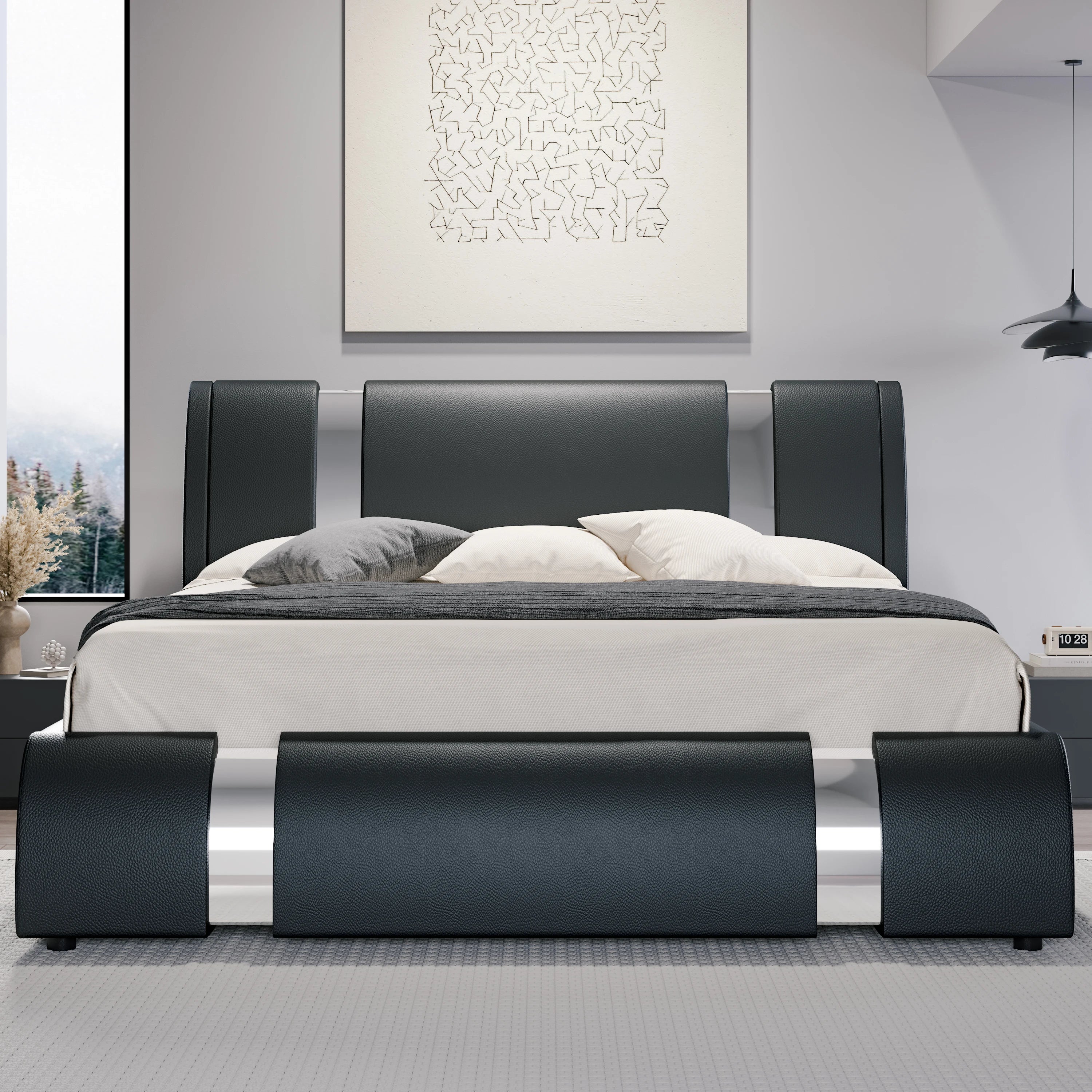 Modern Faux Leather Bed Frame with Iron Pieces