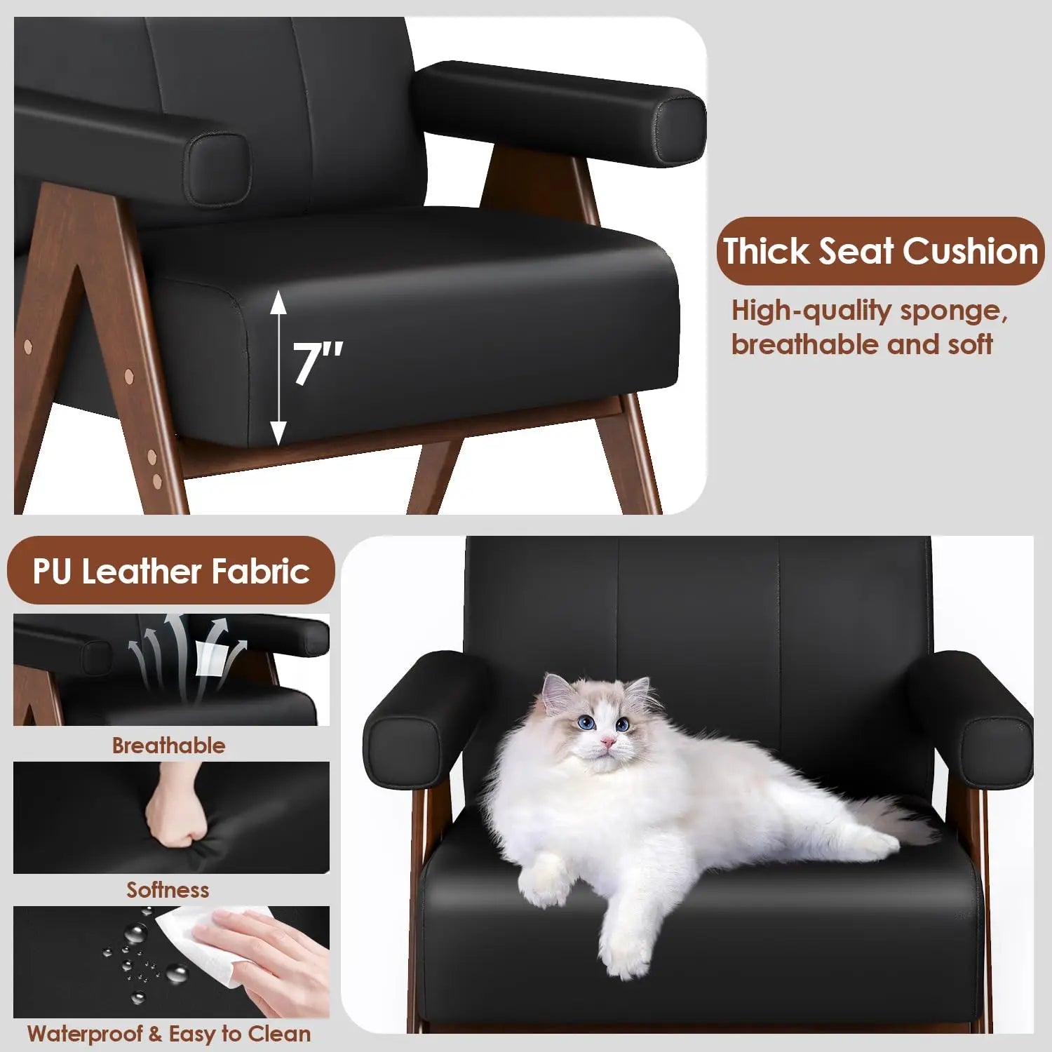 Mid Century Modern Black Leather Accent Chair Set Of 2 Comfy Reading Side Arm Chairs Wood Arms Living Room Bedroom,Customized