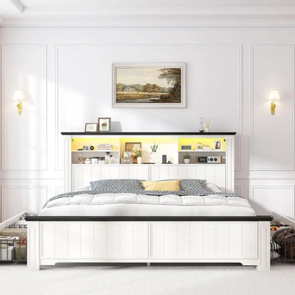 White Queen Bed Frame with Headboard and Storage, LED