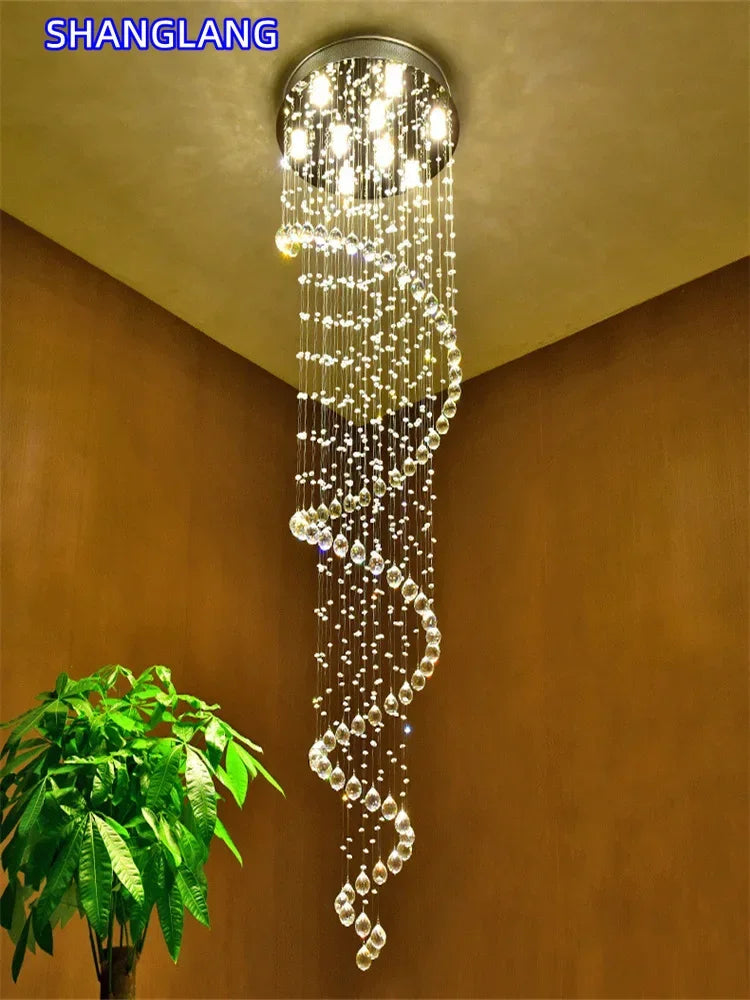 Large Crystal LED Chandeliers for Spiral Living Room Staircase