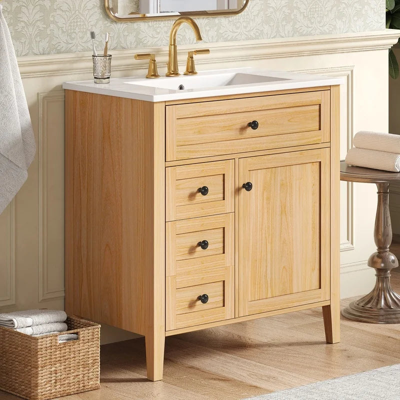 30" Natural Wood Grain Bathroom Vanity with Ceramic Sink