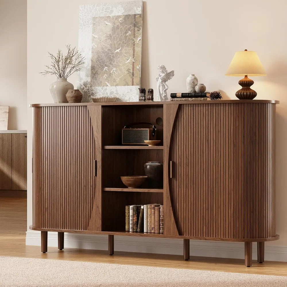 Curved Buffet Cabinet with Adjustable Shelves and Sliding Doors