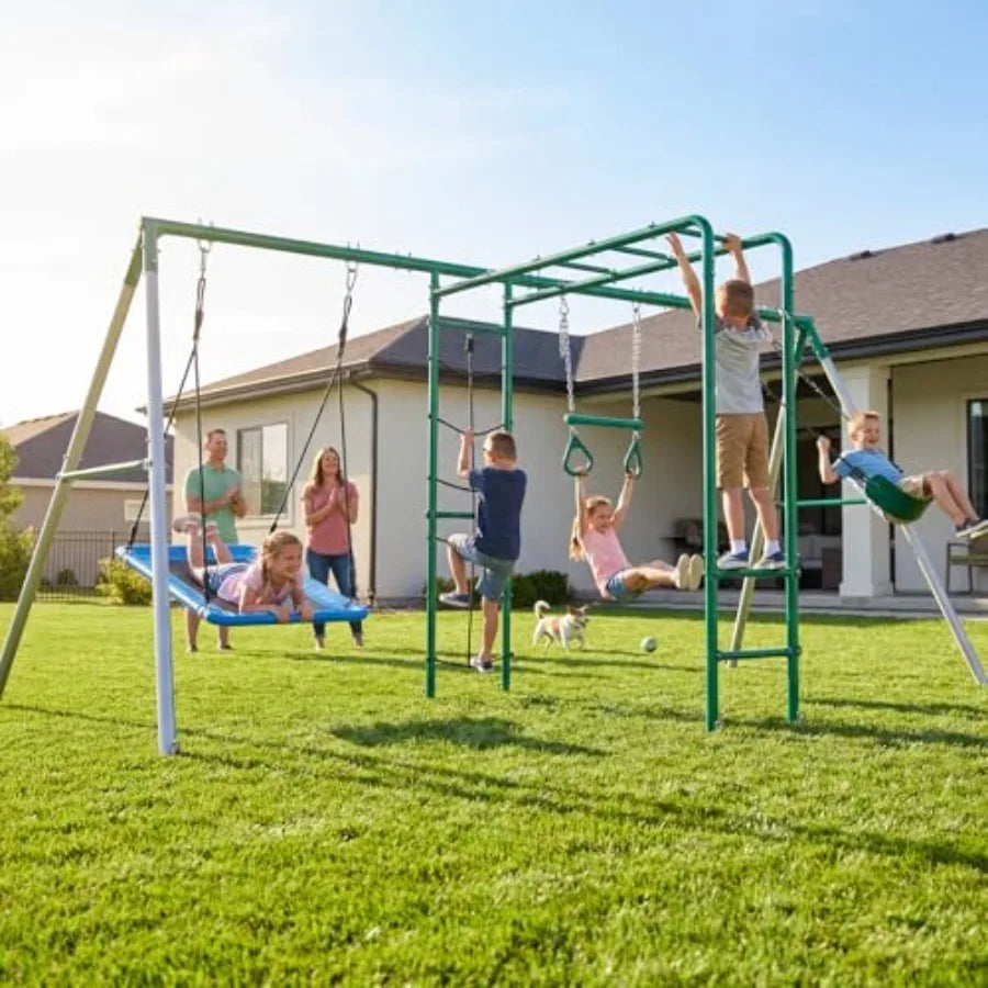Backyard Swing Set with Monkey Bars, Belt Swing, Platform Swing, Climbing Net, Trapeze Bar