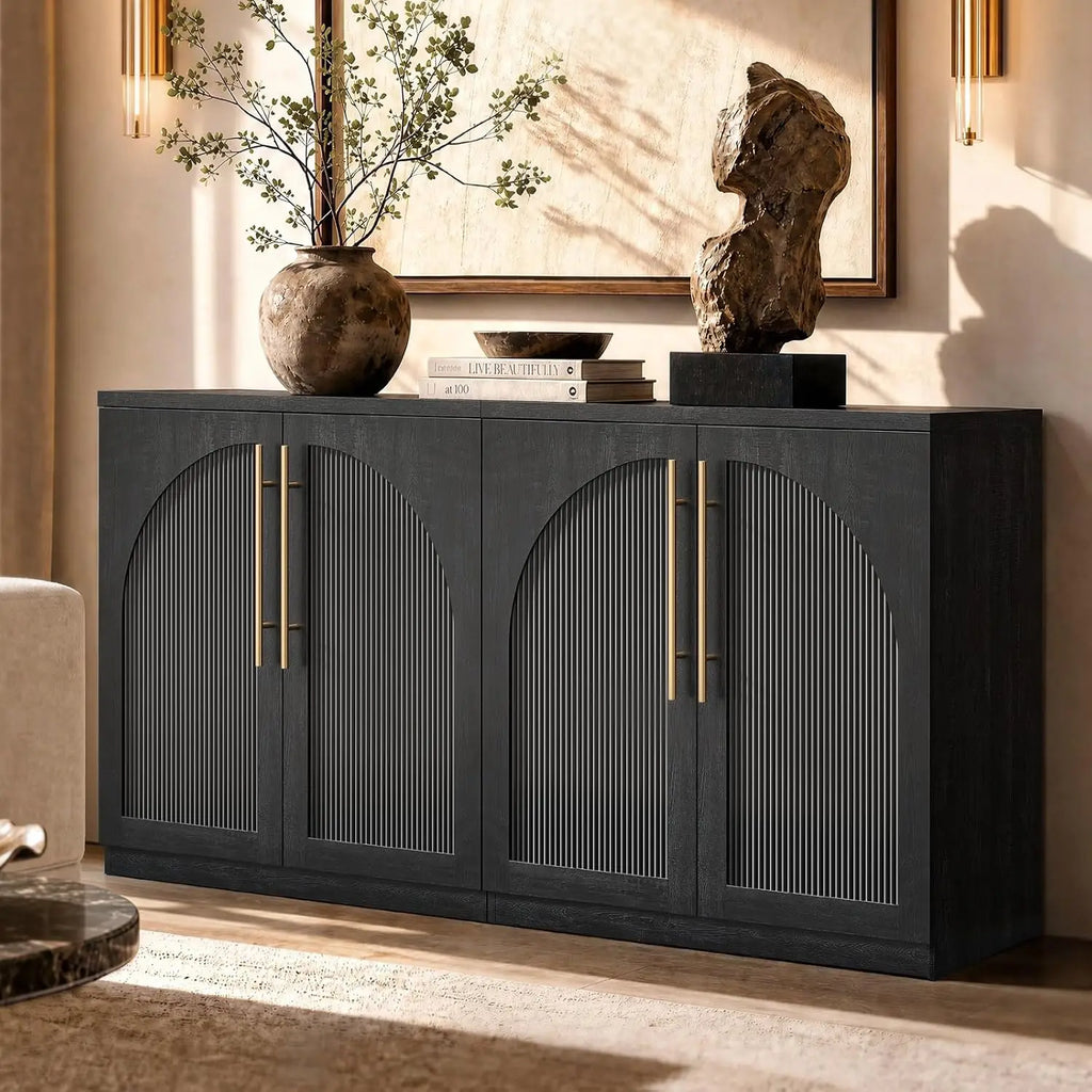 Set of 2 Arched Sideboard Cabinets, 62" Modular Storage Buffet Table with Wave-Panel Doors, Black Wood Grain Media, Customized
