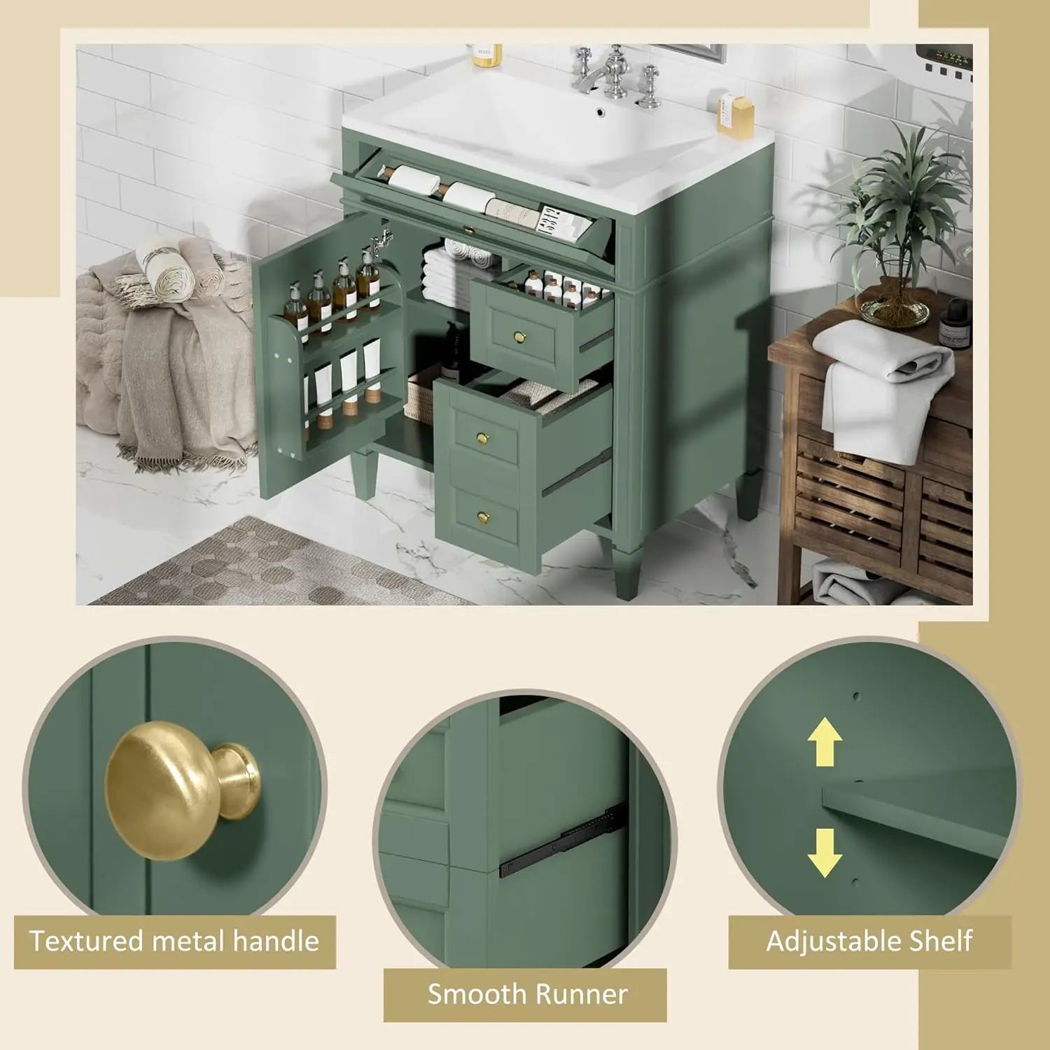 30" Bathroom Vanity Sink Modern Single Door 2 Drawers Tip-Out Drawer